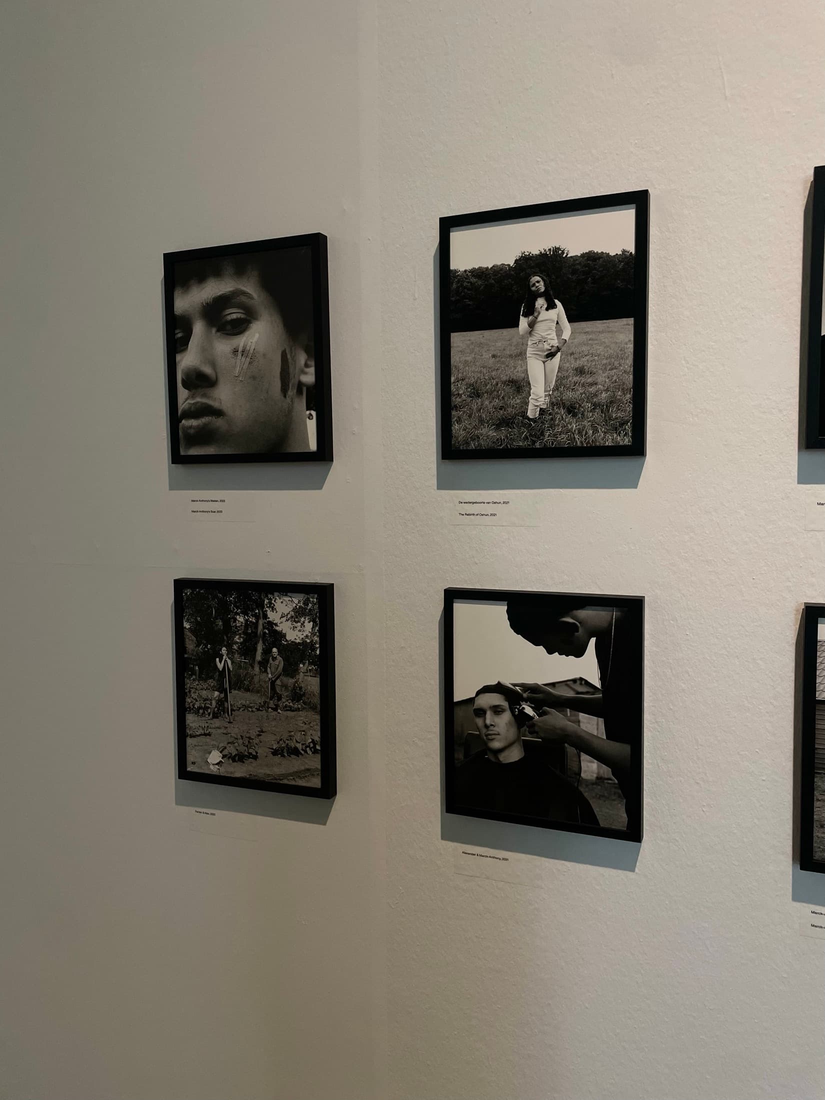 A gallery wall hung with framed black-and-white portraits, each under a printed label