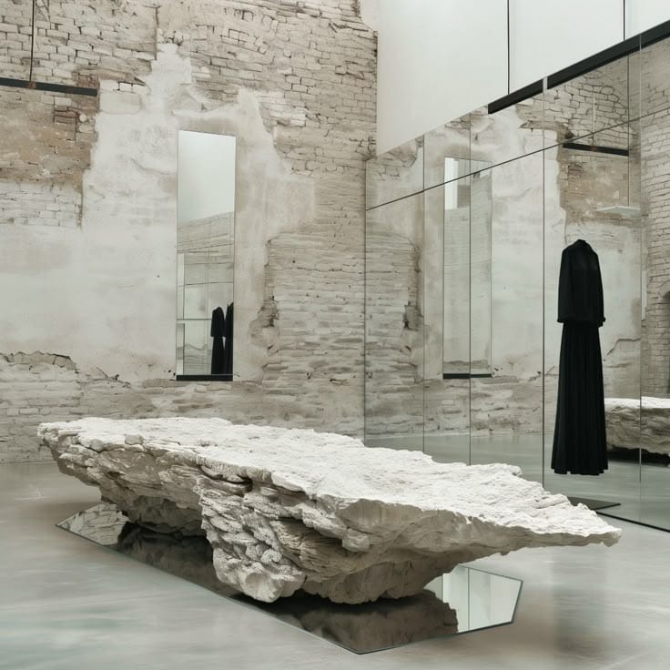 A raw block of pale stone resting on glass supports in a gallery with bare brick walls and a mirrored partition.