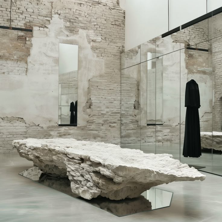 A raw block of pale stone resting on glass supports in a gallery with bare brick walls and a mirrored partition.