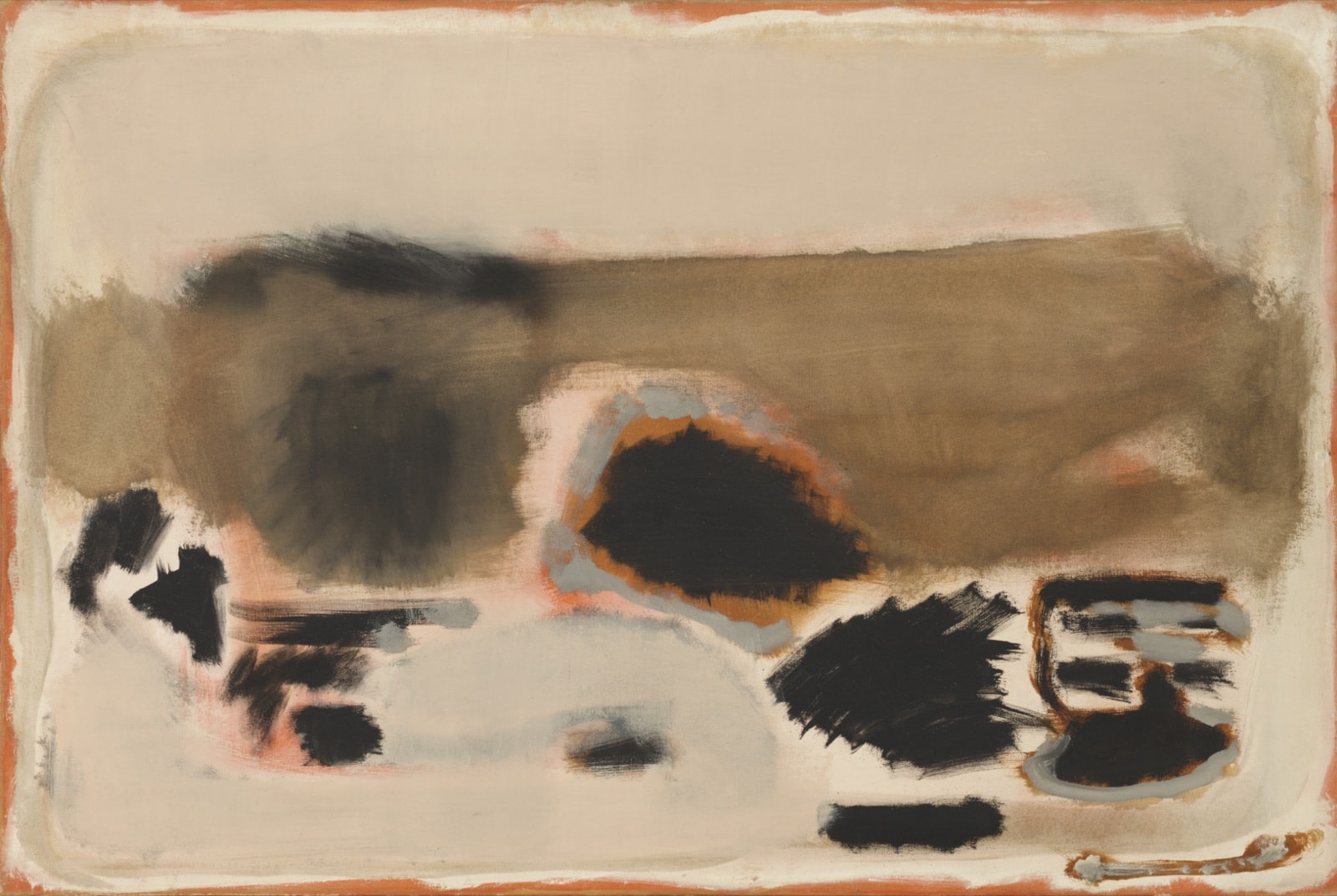 Mark Rothko, No. 5 / No. 24, 1948. Soft washed forms in warm earth tones and black against an ochre-edged field.